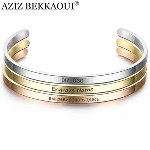 Aziz Bekkaoui Einfache Stil Rose Gold Farbe Diy Brief Offene Manschette Armreifen für Frauen Gravieren Name Jewerly Dropshipping Q0719