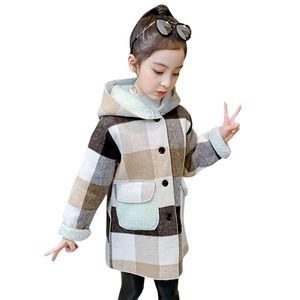 Meninas Long Jacket xadrez Pattern Revestimento para Childrens Hooded Inverno Inverno Roupa infantil 6 8 10 12 14 211204