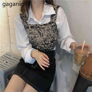 Chic donne coreane due pezzi set solido camicia a maniche lunghe vintage floreale crop gilet vestito sottile femminile 2 210601