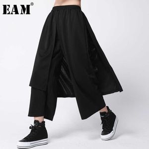 [Eam] 2021 Ny vårlös Spliced ​​High Waist Flat Kvinnor Mode Tide Ankellängd Elastiska Midja Breda Benbyxor OA866 Q0801