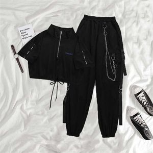 HOUZHOU Gothic Women Black Cargo Pants Harajuku Punk Chain Pantaloni Donna Hip Hop Mall Goth Streetwear Techwear Egirl Grunge 211112