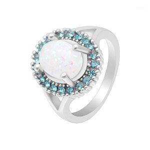 X-jue vintage niebieski cyrkon kryształowe pierścienie dla kobiet srebrny kolor wypełnione biżuteria owalny kwiat biały ogień opal luksusowy zespół ślubny