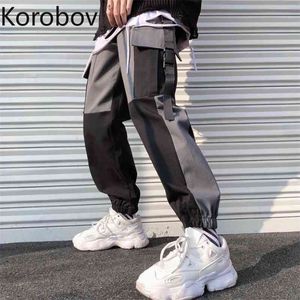 Korobov New Chic Hit Color Patchwork Women Trousers Harajuku Ulzzang Streetwear Cargo Pants 210430