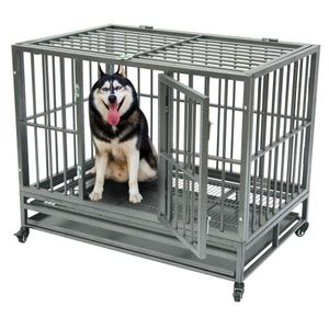 Tungt Dog Cage Crate Kennel Metal Pet Playpen Portable med Tray Silver259p