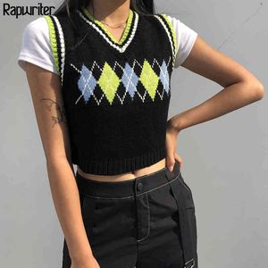 Argyle Plaid Knitted Women's jumper Green Sweater Vest Y2K Autumn V Neck 90s Pullover Crop Tank Top Preppy Style Knitwear 210415