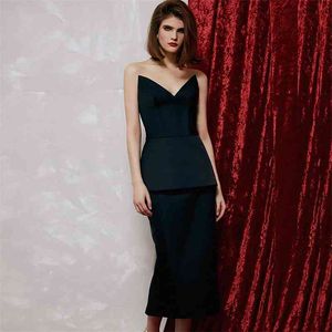 Women Sexy Strapless Satin Black Bodycon Dress Elegant Mid-calf Prom Celebrity Party Vestido 210527