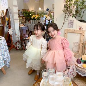 Vestido de festa de aniversário meninas primavera crianças cor sólida manga comprida e organza sem mangas em camadas es 210508