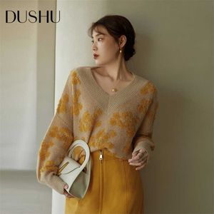 Dushu Office Ladies Early Autumn Women Retro Temperament V-Neck Sweater Loose Slim Raglan Sleeves Stickad tröja Pullovers 211103