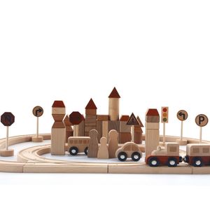 Gun Toys Kreatives Holzspielzeug für Kinder, Waldbahn, Zug, zusammengebaute Bausteine, Verkehrszeichenerkennung, Baby-Frühpädagogikspielzeug