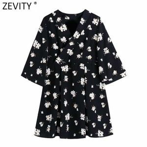 Zevity Women Vintage Cross V Neck Blomstryck Casual Tillbaka Mini Klänning Kvinna Chic Japansk Design Kimono Midja Vestido DS8262 210603