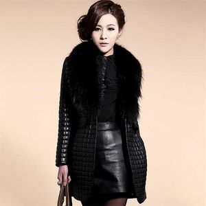 Vinter Kvinnor Tjock Lång Läderjacka Med Fur Collar Slim Solid Office Ladies Coat Outwear Chaqueta Mujer Cuero 210927