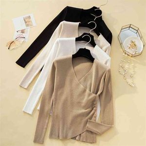 Sexy Knitted Sweater V-Neck Pullovers for Women Long sleeve Turtleneck Female Jumper Black White Beige Clothing 210507