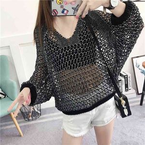 Oversized Loose Korean Style Women Tops Hollow O-Neck Långärmad Jumper Dam Pullover Plus Storlek Casual Kvinna Sticka Tröja 210922