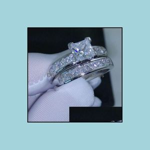 Wholesale white gold princess cut ring resale online - Band Rings Jewelry Luxury Size Kt White Gold Filled Topaz Princess Cut Simated Diamond Wedding Ring Set Gift With Box Drop De
