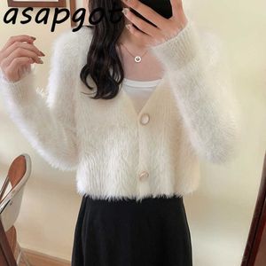 Asapgot Japan Style Short V Neck White Mohair Cardigan Sweaters Women Autumn Lazy Knitted Crop Tops Fashion Solid Retro Chic 210610
