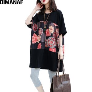 Dimanaf Tシャツ特大の女性衣料品綿夏半袖女性ファッション印刷ベーシックトップチュニックカジュアルルーズブラック210720