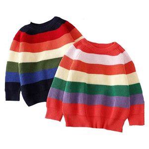 Camisola infantil Arco-íris listrado pulôver meninas e meninos tricô suéteres outono bebê quente lã tops para crianças roupas 210417