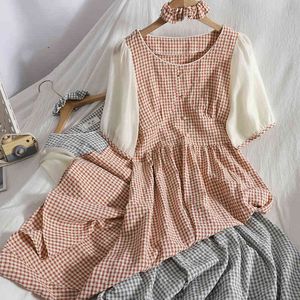 Stitching contrast color bubble short-sleeved O neck Vintage dress summer style thin casual plaid long female vestidos 210420