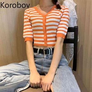 Korobov Neue Ankunft Chic Frauen Pullover Vintage Elegante Gestreifte Gestrickte Strickjacken Koreanische V-ausschnitt Sueter Mujer 210430