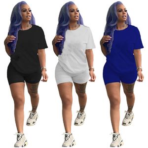 Nya kvinnliga träningsdräkter Summer Jogger Suits Two Piece Set Short Sleeve T-Shirts+Shorts Pants 2st Set Plus Size 2xl Outfits Casual Black Blue Sportswear Joggers 4714