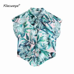 Kobiety Lato Stylowy Inking Liście Druku Koszulki Panie Vintage Krótki Rękaw Blusas Plaża Moda Kobiet Chic Top 210521