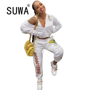 Recomendar Estilo Tracksuit Jogger Mulheres Dois Parte Set Manga Longa Casacos Tops Carta Dança Vintage Calças K-POP 210525