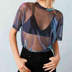 Sommar Sexig Mesh Tee Genomskinlig Kvinnor Kortärmad Perspektiv Shine Casual Topps Lady Vintage Blusa 210607