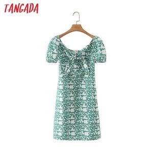 Tangada Summer Women Green Leaf Print Beach Dress Bow Puff Short Sleeve Ladies Mini Dress Vestidos 2M160 210609