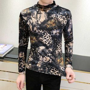 Jesień z długim rękawem Slim Fit T-Shirt Mężczyźni Velvet Half Turtleneck T-shirt Streetwear Casual Hip-Hop Tops Mężczyźni Odzież Camisas 210527