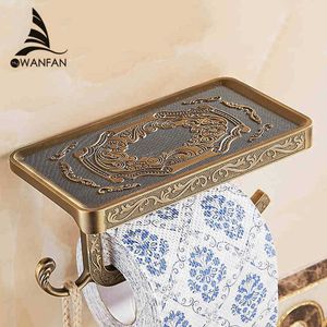 Bathroom Shelves Antique Carving Toilet Roll Paper Rack with Phone Shelf Wall Mounted Holder Hook Useful WF1018 210709