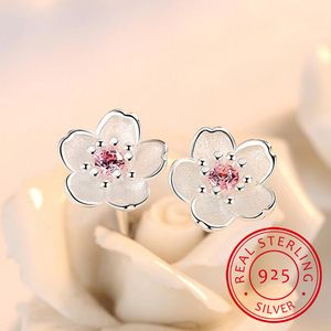 Orecchini a bottone in argento sterling 925 con fiori di ciliegio intarsiati con zirconi rosa Orecchini semplici e popolari per le donne