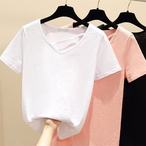 Wwenn Sexy V-Neck Casual Top Tees Pink White Hollow Out Women T Shirt Krótki Rękaw S Korean Tee 210507