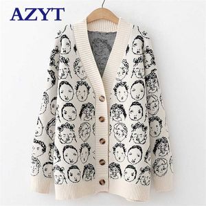 AZYT Autumn Winter Comic V neck Cardigan Female Jacket Knitwear Sweater Coat Casual Knit For Women 211011