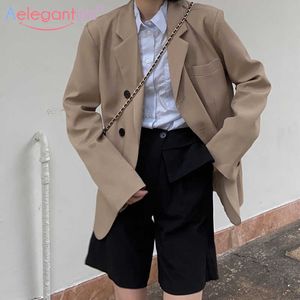 AELEGANTMIS韓国ルーズシングルブレストレディースカジュアルブレザーオフィスレディブレザージャケット女性ブラックアウターフルスプリット210607