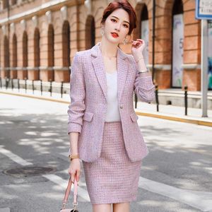 Temperament Women's Suit Pants Two-piece Professional Wear Autumn and Winter Plaid Ladies Jacket Casual Skirt High Quality 210527