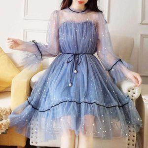 Süße Mesh Pailletten Kleid Koreanische Midi Frauen Langarm Fee Frühling Damen Abend Party Kleidung 210604