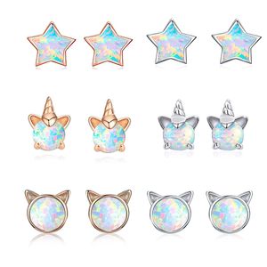 10mm 925 Silber Ohrstecker Niedliche Katze Einhorn Stern Blau Opal Ohrring Für Frauen Mädchen Original Gold Schmuck