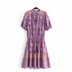 Women ZA Spring Bohemian V-Neck Dress Single Breasted Floral Printed Ruffles MiniDresses Ladies Rayon BOHO Beach Party 210521