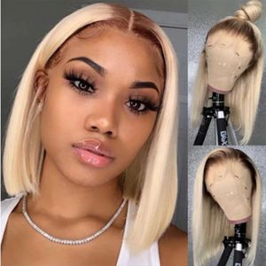 Kort Bob Lace Front Wig Honey Blonde Colored Edge for Human Hair Wigs for Black Women Preplucked Peruvian Bours