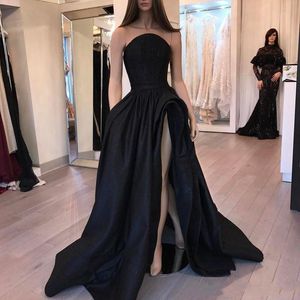 Yeni Siyah Akşam Giyim Elbiseleri 2022 Seksi Backless Straplez Yüksek Ön Bölünmüş Uzun Örgün Balo Elbise Ünlü Parti Abiye
