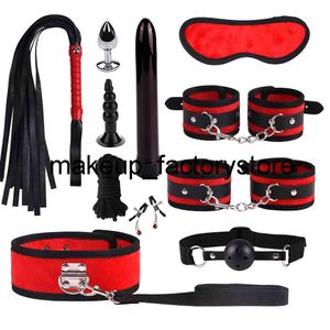 Sex Toy Massager Massage 11-stycken BDSM Äkta presentläder Bondage Set Fetish Handcuffs Collar Gag Whip Erotic Adult Sex Toys For Women Couples Games