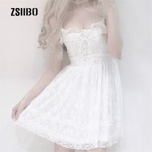 Harajuku japońska muszka Seksowna biała koronkowa sukienka kobieta ins lato koreańska moda prosty stały słodki przypadkowy pasek 210623
