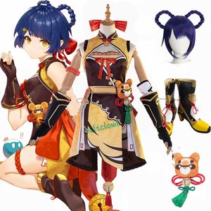 ゲームGenshin Impact Xianglingコスプレコスチュームシューズウィッグアニメドレスハロウィーンパーティー衣装Xiang Ling Costume Y0903