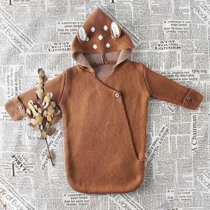 Vår Höst Baby Boy Girl Born Sticka Deer-Let Ear Hooded Sova Bag Kläder Infant 210429