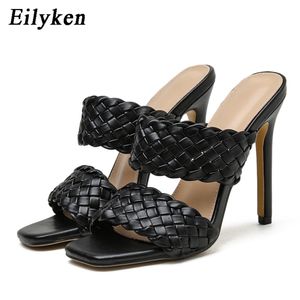 Sommar Eilyken Tofflor Kvinnor Högklackat Mode Braid PU Läder Square Toe Skor Kvinnor Tofflor Utomhus Rom Sandaler 35-42 C0410