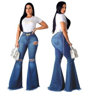 Ispanyol Paça Kot toptan satış-Yırtık Çan Alt Vintage Skinny Jeans Flare Pantolon Kadın Sıkı Mavi Siyah Seksi Denim