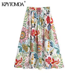 KpyTomoa Frauen Mode Blumendruck Falten Midi Rock Vintage Hohe elastische Taille mit Kordelzug Weibliche Röcke Mujer 210708