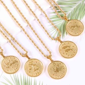 Latt Dign Stainls Steel Gold Plated Horoscope Coin Jewelry 12 Constellations Zodiac Necklace