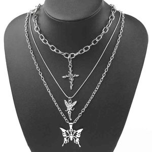 2021 3 Layers Hip Hop Cool Silver Color Cross Choker Necklaces For Women Simple Butterfly Angel Long Pendant Necklace Jewelry G220310