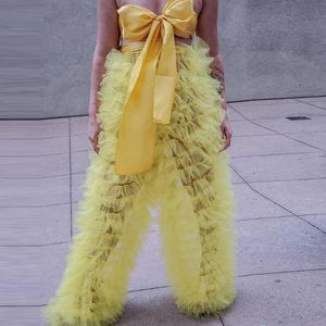 Skirts High Street Yellow See Thru Tiered Ruffles Long Tulle Pants Women Loose 2021 With Satin Waistband Summer Female Bottom